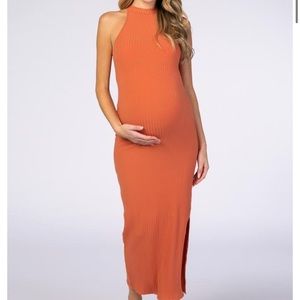 Waverleigh Rust Ribbed Halter Neck Fitted Maxi